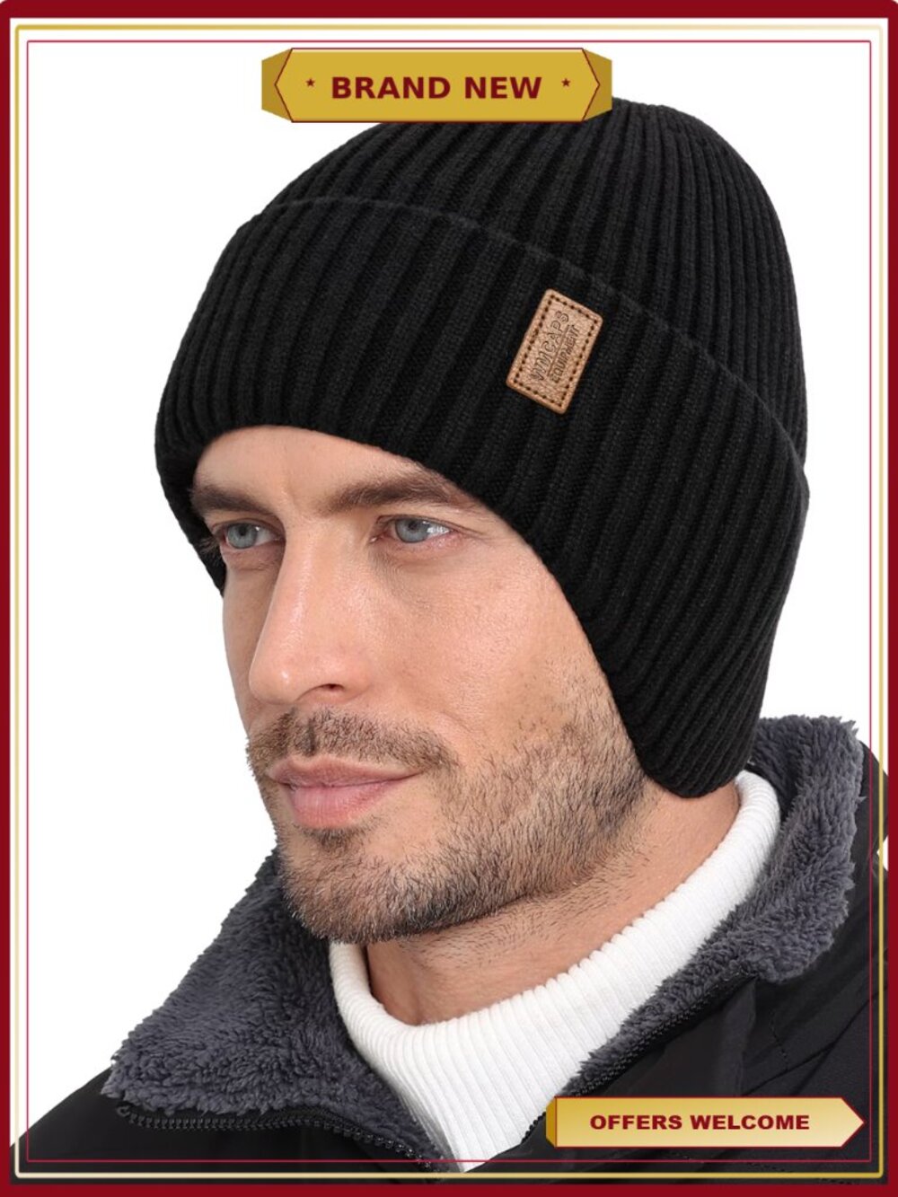 Fleece Lined Winter Beanie with Earflap Unisex Thermal Ski Hat